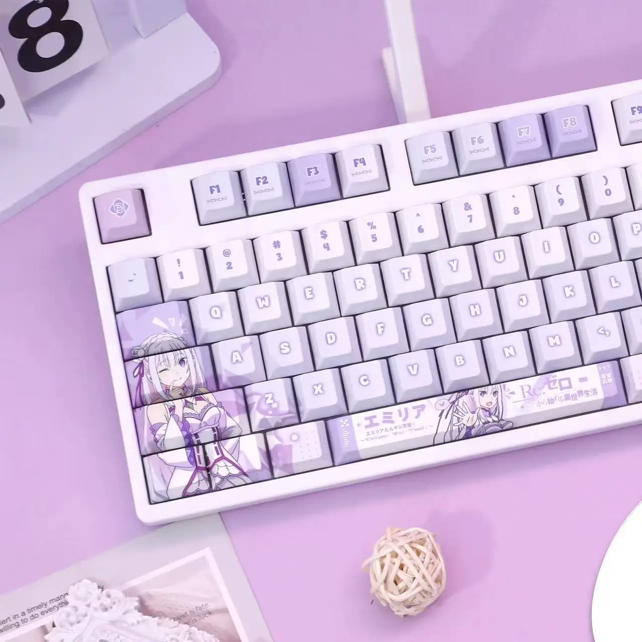 120 Keys ‌Re:Zero Game Keycaps Emilia Key Cap CuteエミリアCherry Profile Mechanical Keyboard Anime Keycap for Made68 Mad68 Wooting60
