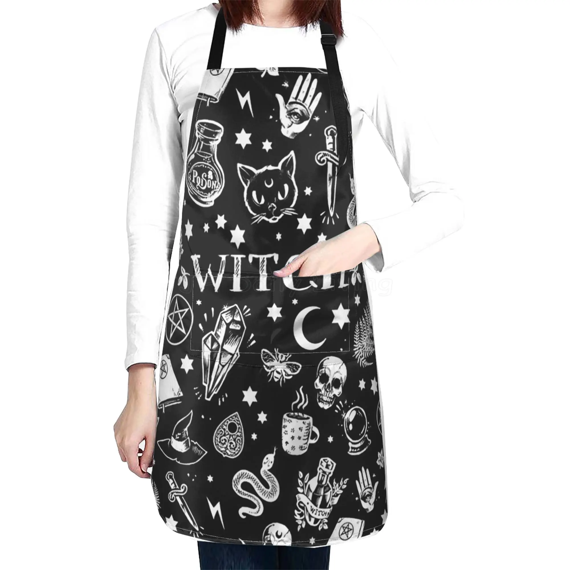 Black and White Witches Magic Tattoo Cat Snake Skull Moon Stab Magic Symbol Apron Unisex Waterproof Kitchen Aprons with Pocket