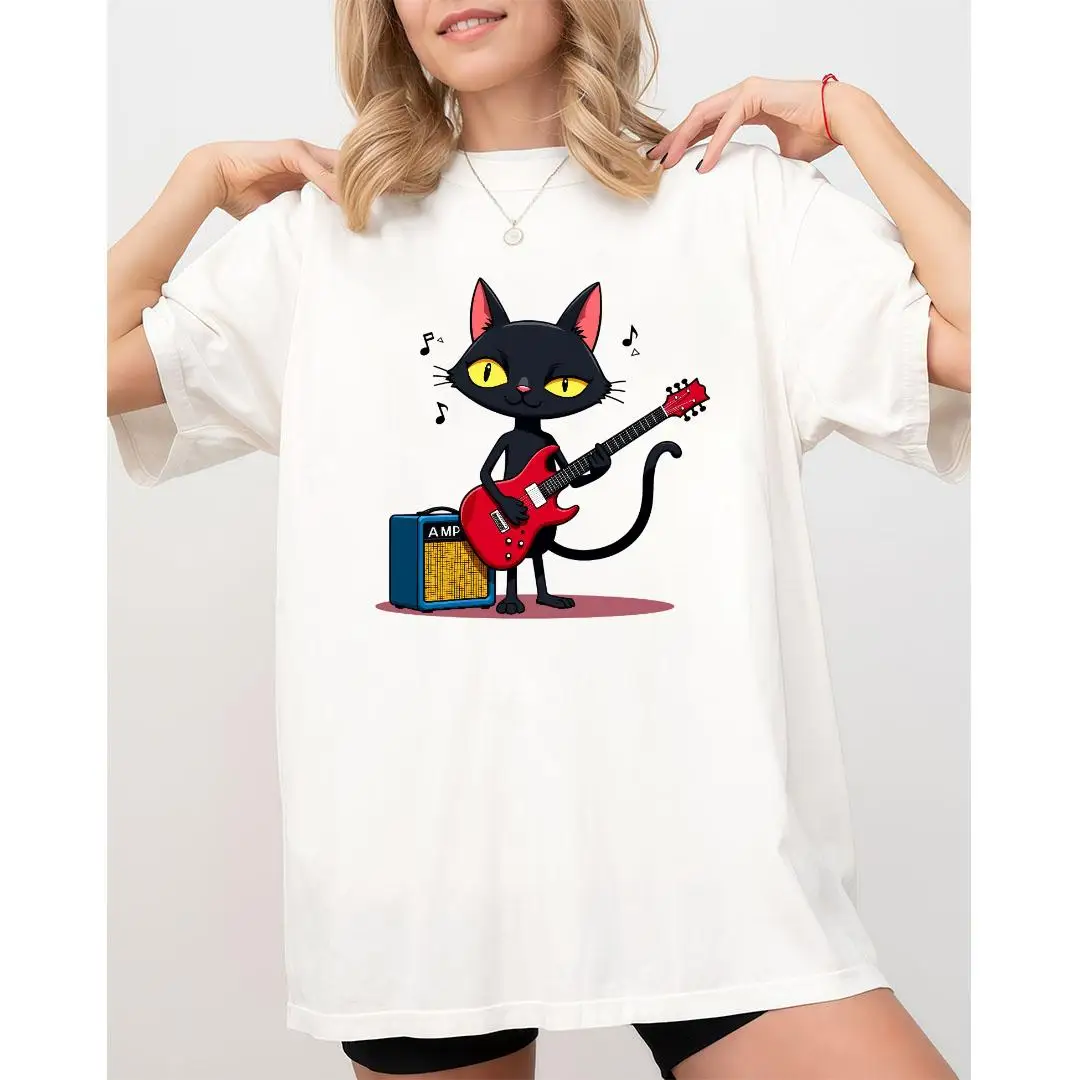 

Unisex Cute Black Cat T-shirt Men Women Funny Guitar Music Lover Graphic Tee Cat Lover Gift Top