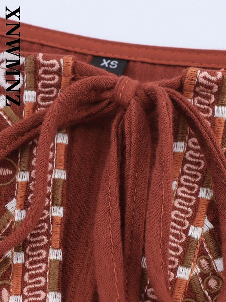 XNWMNZ 2025 Summer New Woman's Fashion Holiday Long Sleeve mini Pleated dress Chic Simple Woman BROWN O-Collar boho Dresses Tie