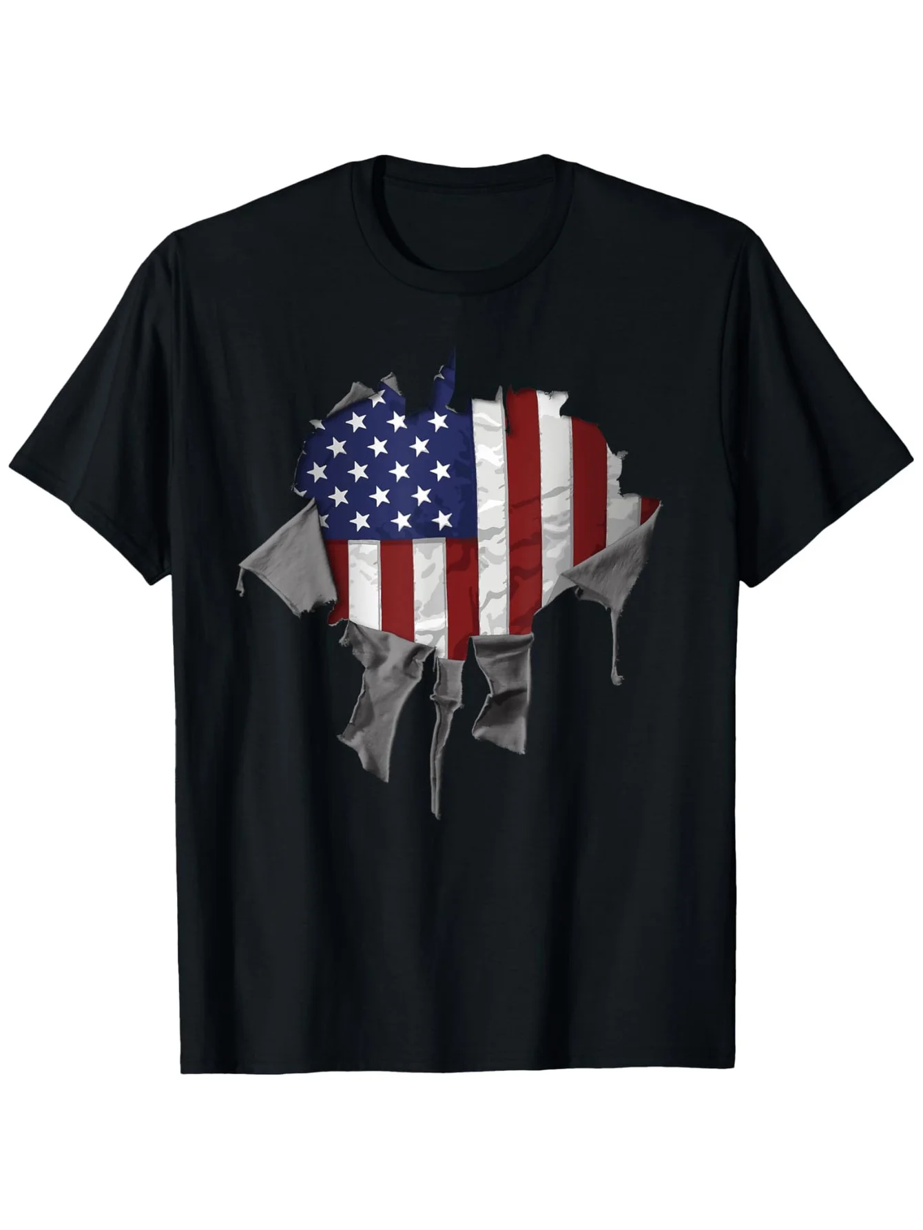 Men'S Patriotic USA Map Graphic T-Shirt - Black Cotton, Geometric Design with Stars & Stripes, Casual Round Neck Tee for All Seasons, Everyday Tshirt | Patriotic Design | Comfortable Fit