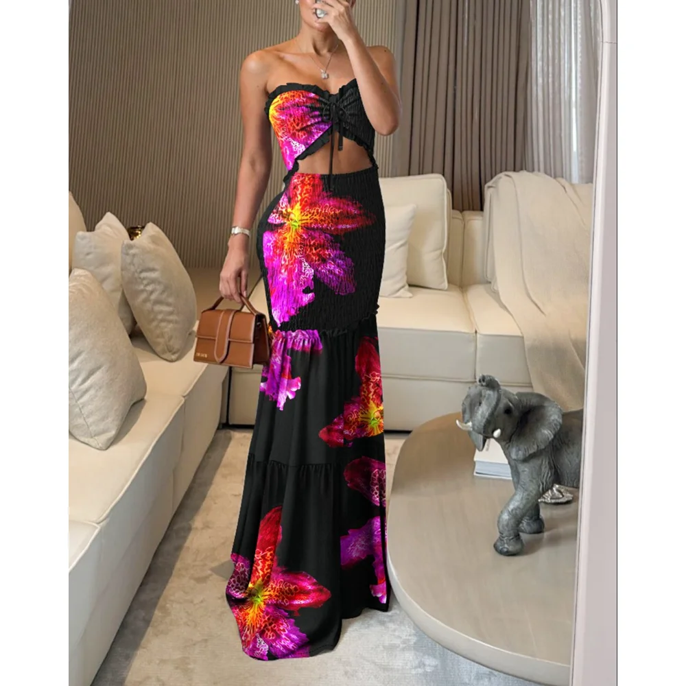 

Women Slim Fit Dress Summer Floral Print Bandeau Sleeveless Shirred Hollow-out Maxi Dress for Gown Women Dress for Party Evening