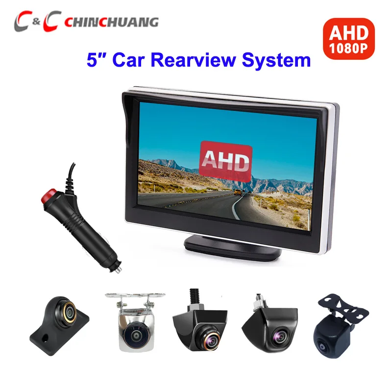 5-дюймовый автомобильный монитор AHD 1080P, резервная камера заднего вида, экран 170 °   Объектив «рыбий глаз» Starlight ночного видения Два монтажных кронштейна