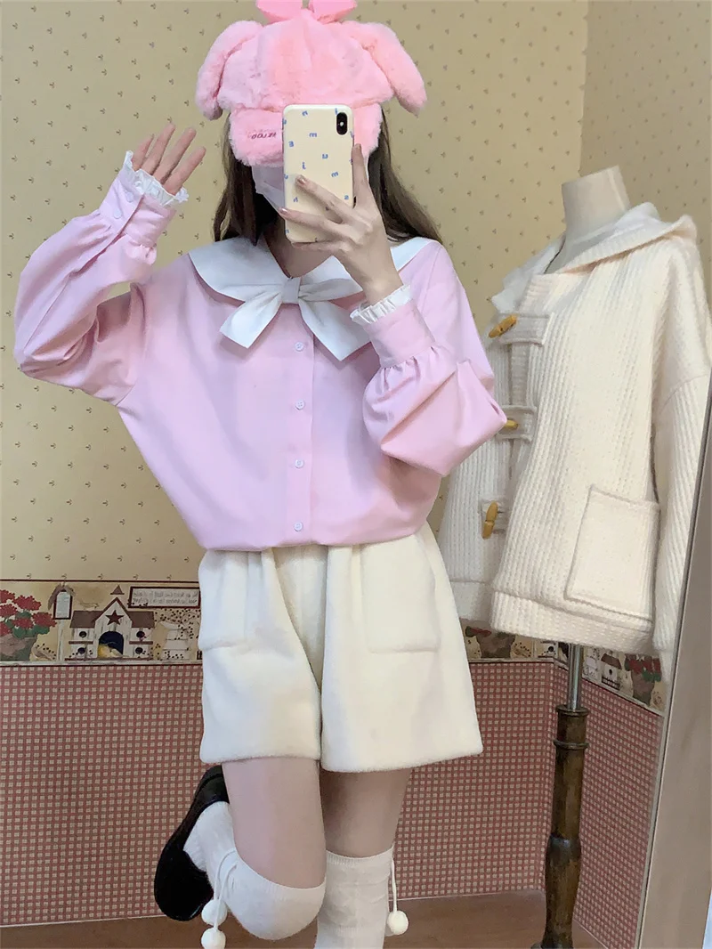 Japanese Kawaii Fashion Pink Shirts Women Sailor Collar Long Sleeve Blouse Lolita Sweet Jk School Girl Cute Cosplay Uniform Top