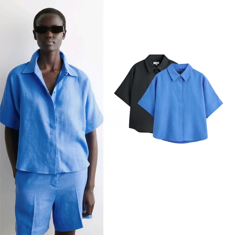 

Новая женская рубашка свободного кроя в деловом стиле на весну, с одной пуговицей, коротким рукавом, отложным воротником, повседневная, модная, из полиэфирного волокна