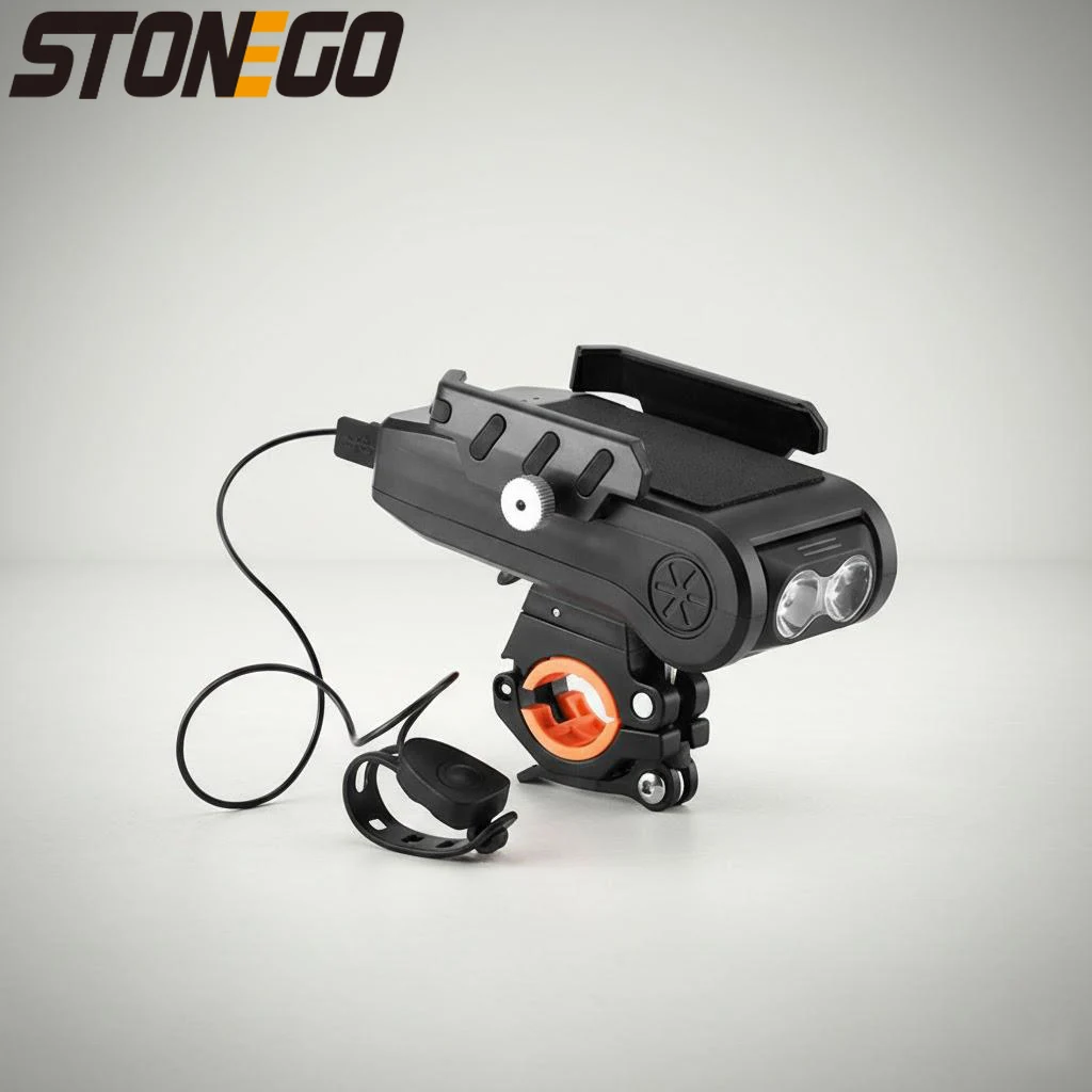 

Перезаряжаемый светодиодный велосипедный фонарь 4-в-1: передняя фара, гудок, повербанк, держатель для телефона. Аксессуары для безопасной езды на велосипеде.