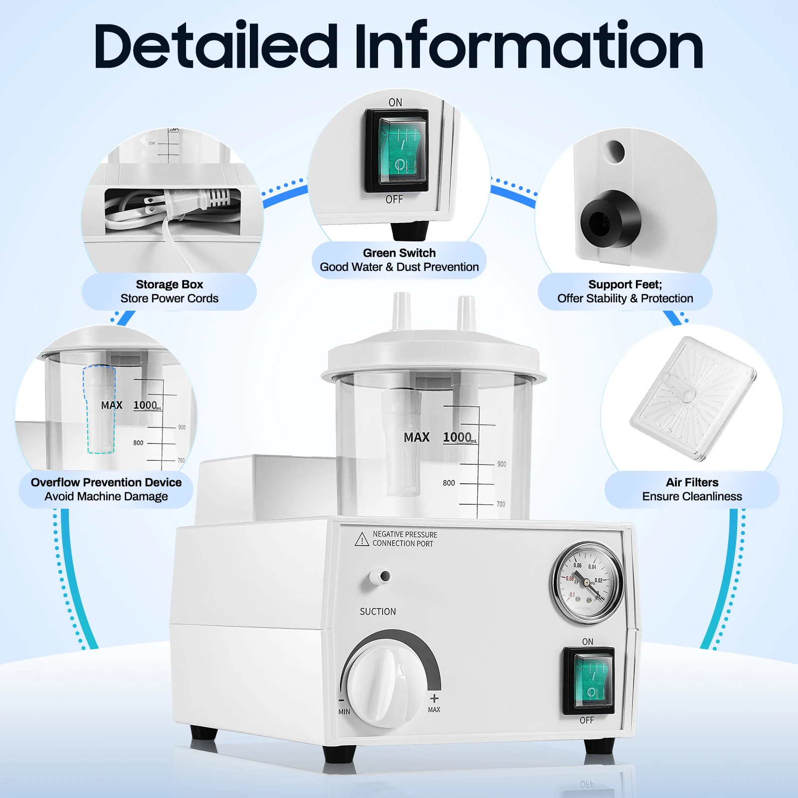 Mesin Penghisap Dahak Elektrik 1000ML, Unit Penghisap Mesin Pompa Vakum Rendah Kebisingan, Mesin Penghisap Elektrik untuk Ruang Operasi