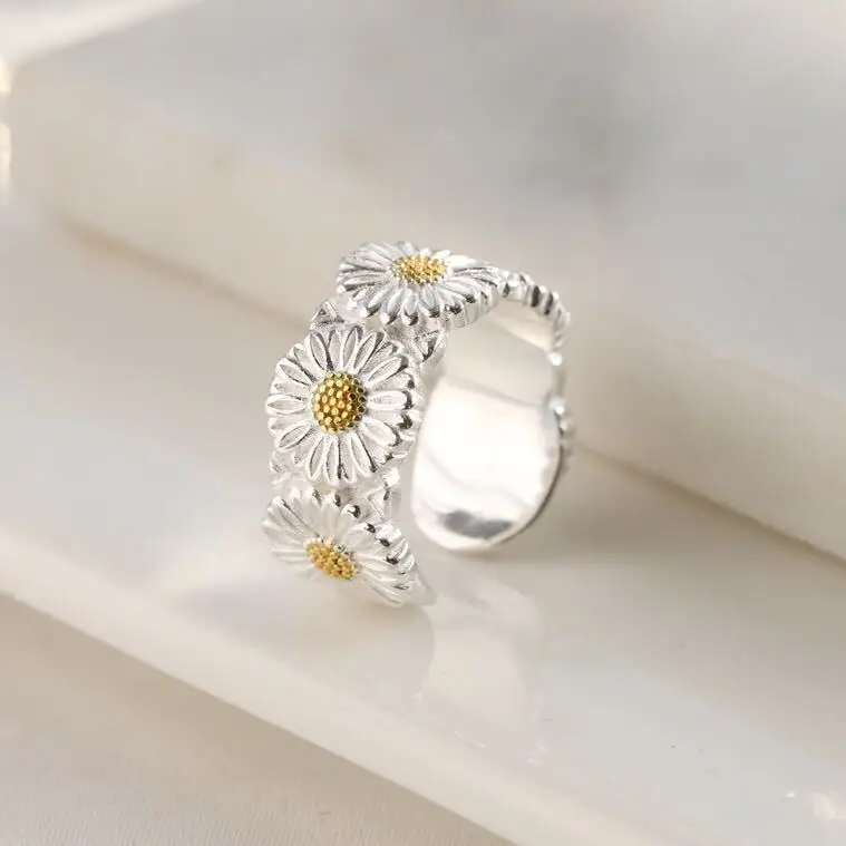 Women's 925 Sterling Silver Small Daisy Opening Ring, Floral Charm