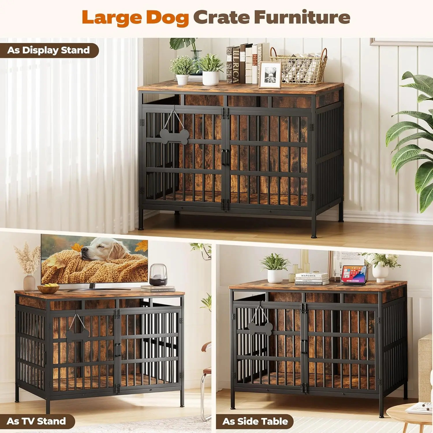 أثاث على شكل صندوق للكلاب مقاس 47 بوصة، بيت للكلاب شديد التحمل للكلاب الصغيرة والمتوسطة والكبيرة، أبواب مزدوجة للديكور الداخلي، قفص بيت الحيوانات الأليفة #4