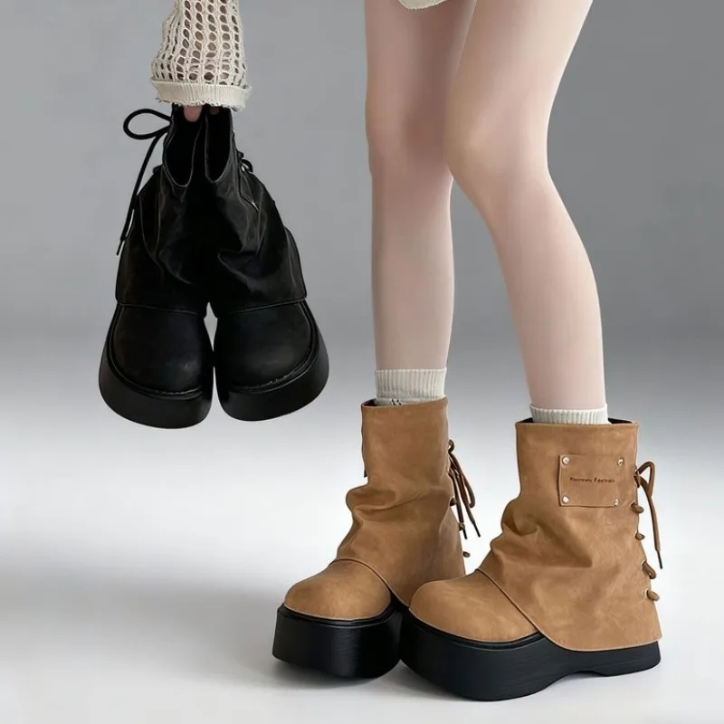 Women Y2K Chunky Platform Ankle Boots Back Lace-up Ruched Shaft Retro Distressed Cowboy Short Boots