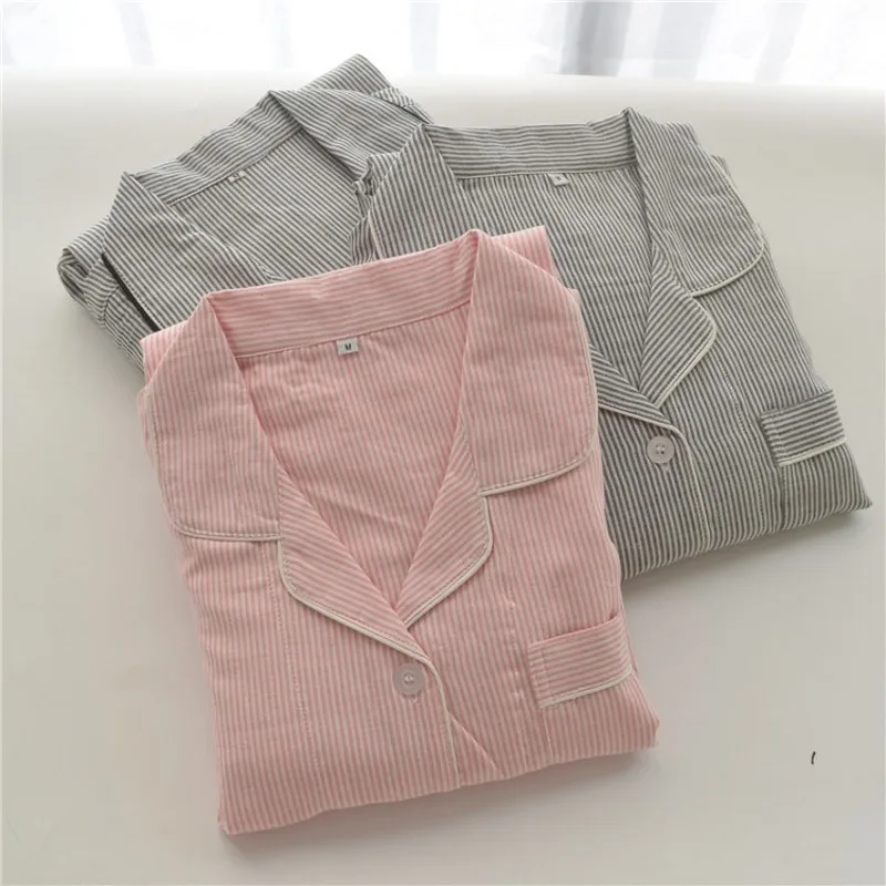 

Весенне-осенние женские повседневные пижамные комплекты в полоску, женская одежда для сна из 100% хлопка, женская рубашка с отложным воротником и брюки, пижамы