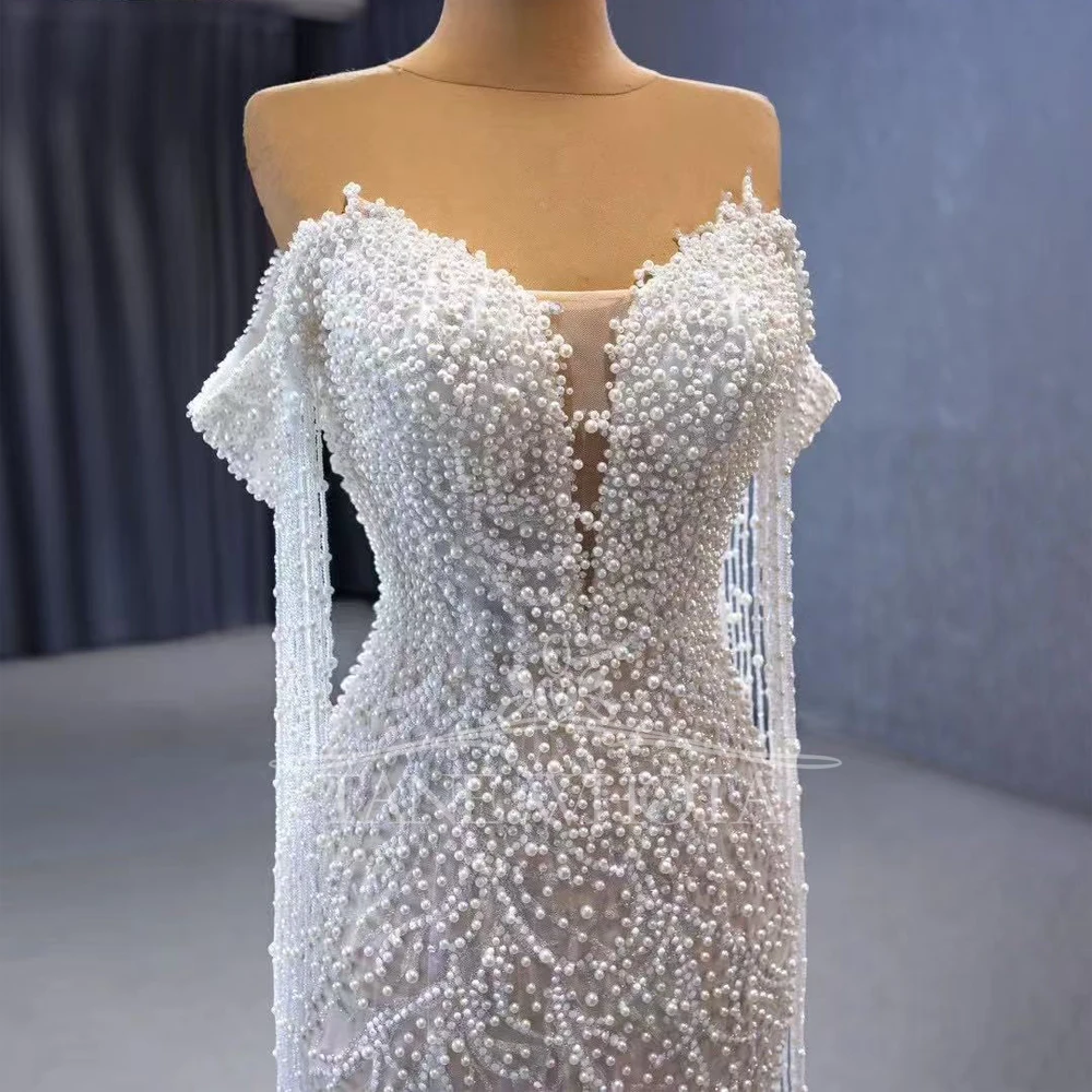 Sukienka Na Wesele Sweetheart Off Shoulder Lace Up Back Beading Tassel Bridal Dress Mermaid Train Customized Wedding Dress