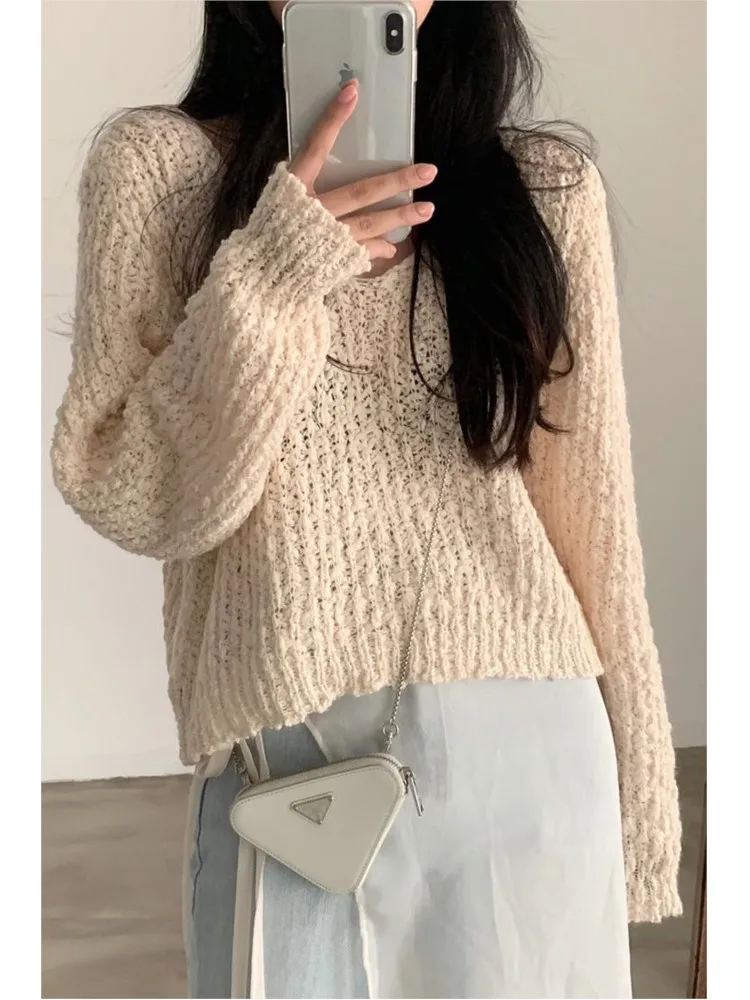 Autumn Winter Women's Pullover Round Neck Solid Color Hollow Lantern Long Sleeve Sweater Knitwear Fashion Casual Loose Tops