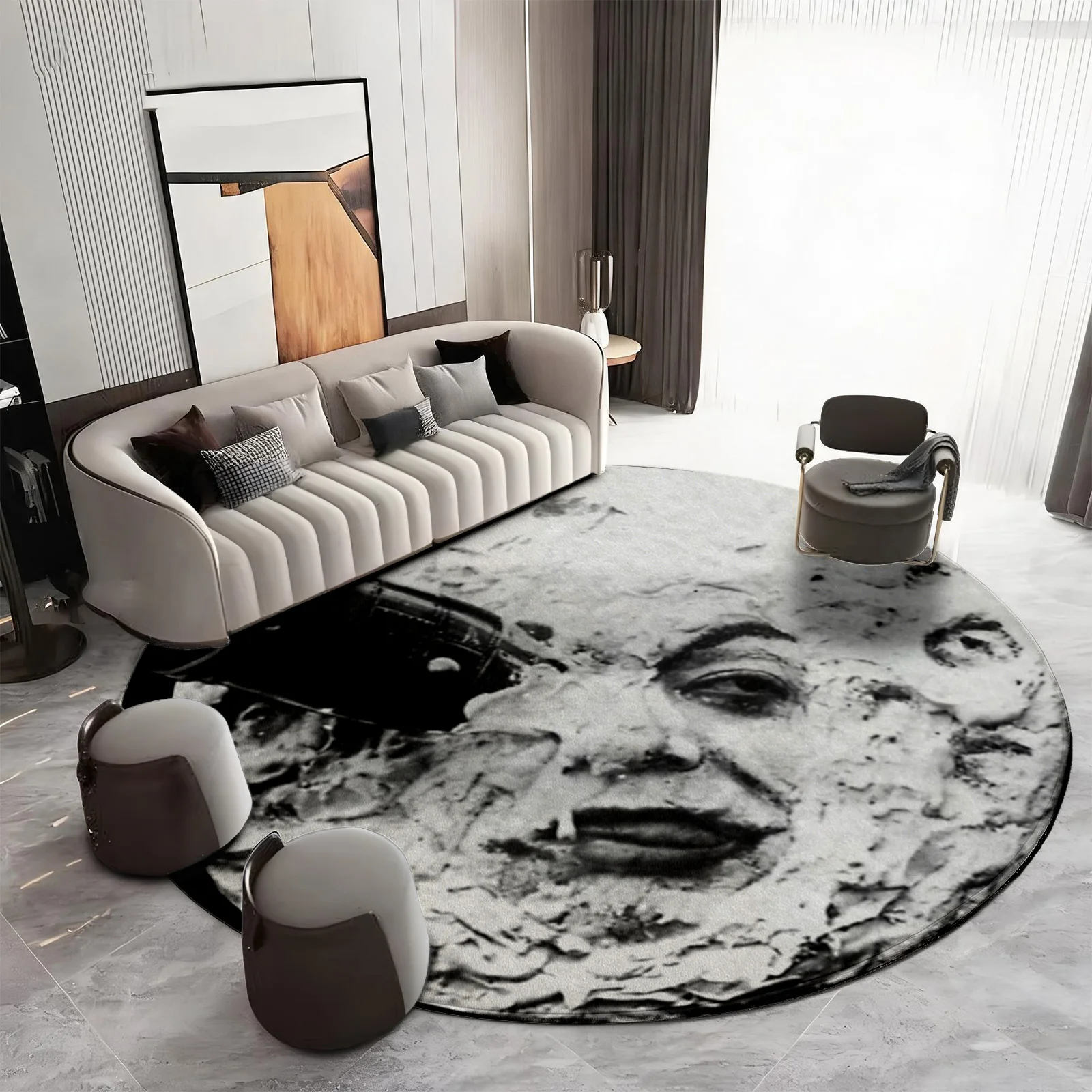 Large Round Abstract Portrait Rug for Modern Living Room Artistic Monochrome Design Floor Carpet Mat Home Decor Accent