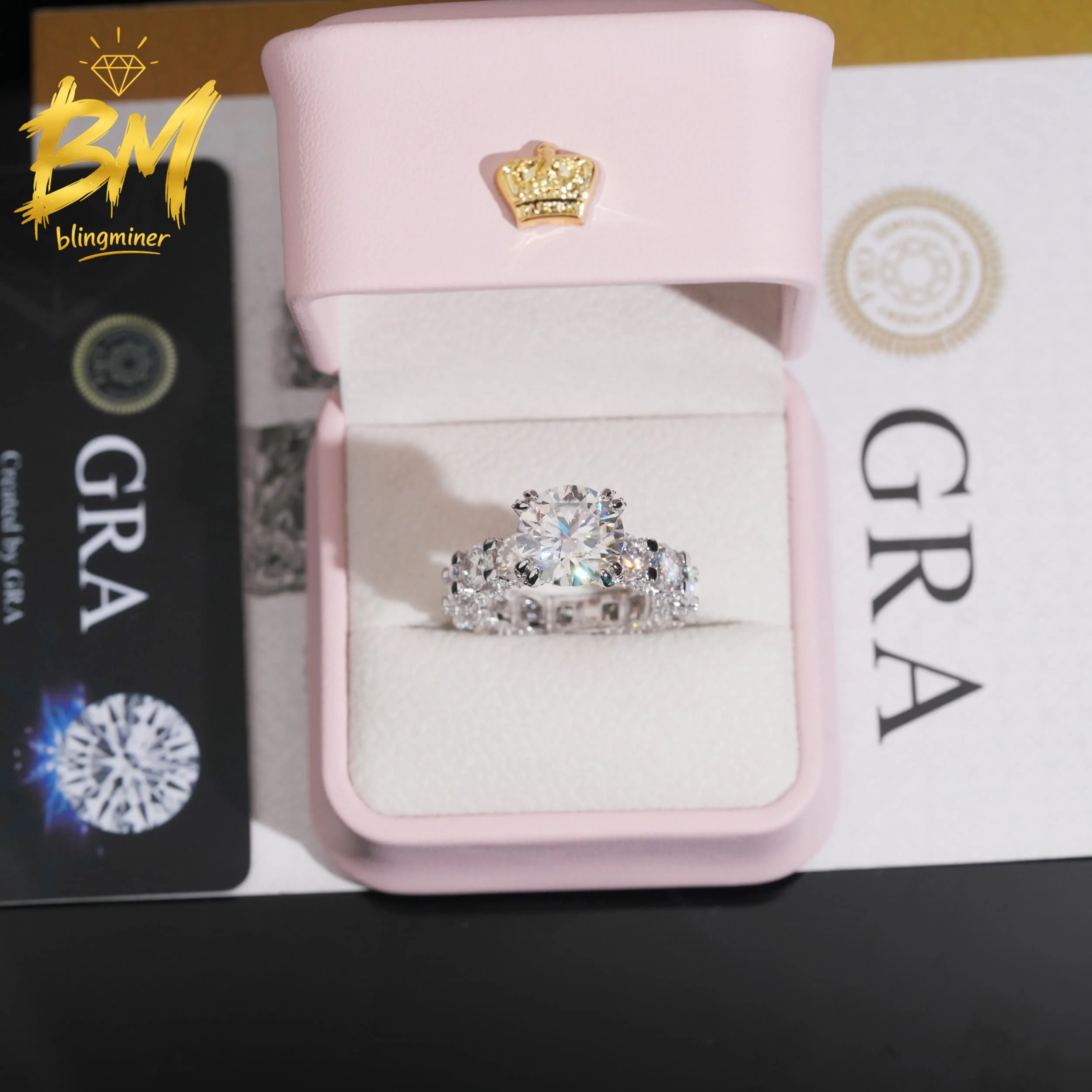 Blingminer S925 Silver 5 Carat Round Cut VVS Moissanite Rings Women Engagement Finger Jewelry Pass Diamonds Tester GRA