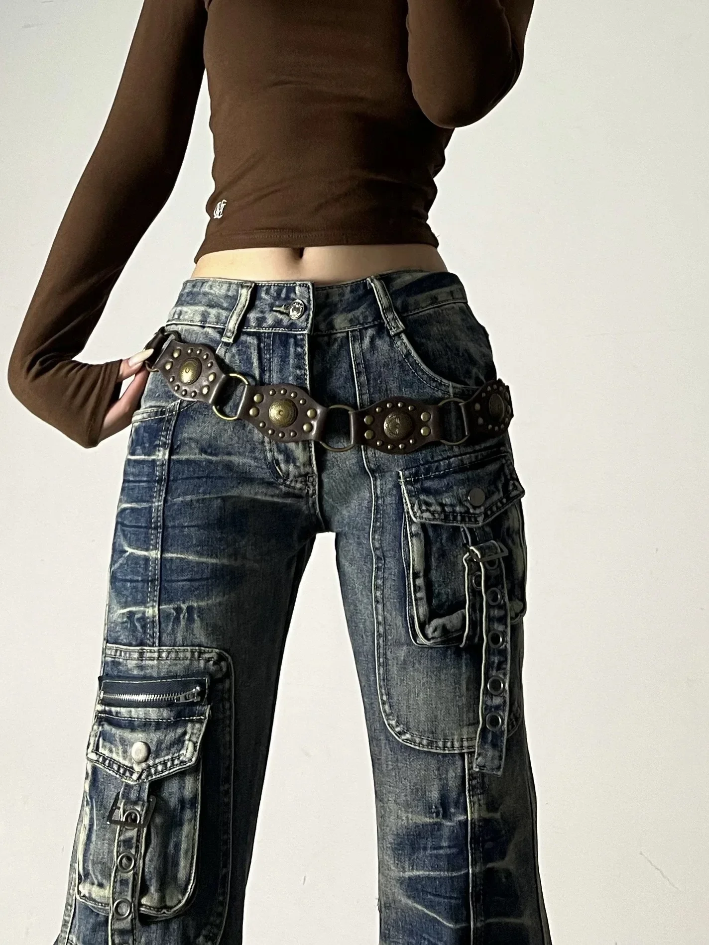 Y2K 2000s Aesthetic High Waisted Denim Jeans Women Gothic Punk Flare Pants Japanese Harajuku Hip-hop Street Fashion Trousers