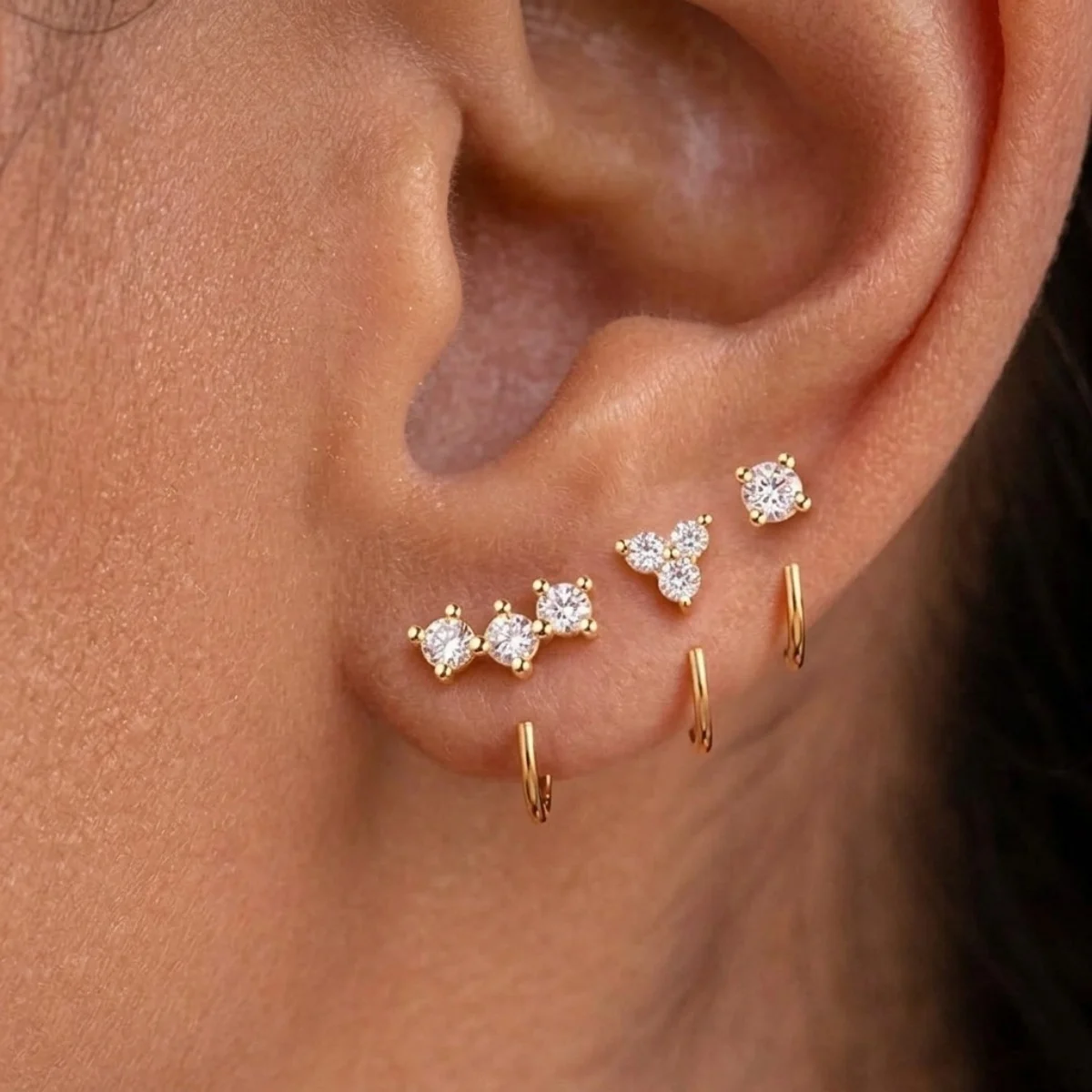 3 Stück/Set, glänzende Zirkonia-Blumen-Ohrringe in runder Tropfenform für Damen, minimalistische, kleine Tropfen-Ohrringe mit Schleifenmuster, stapelbare Ohrringe, Schmuck. – Detail 8