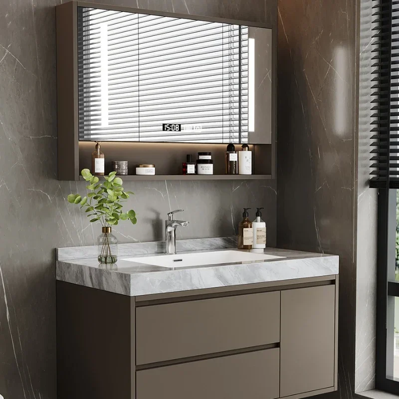 Rock Slab Seamless Basin Bathroom Cabinet Combination Solid Wood Modern Minimalist Cabinet Washbasin Armadietto Furniture