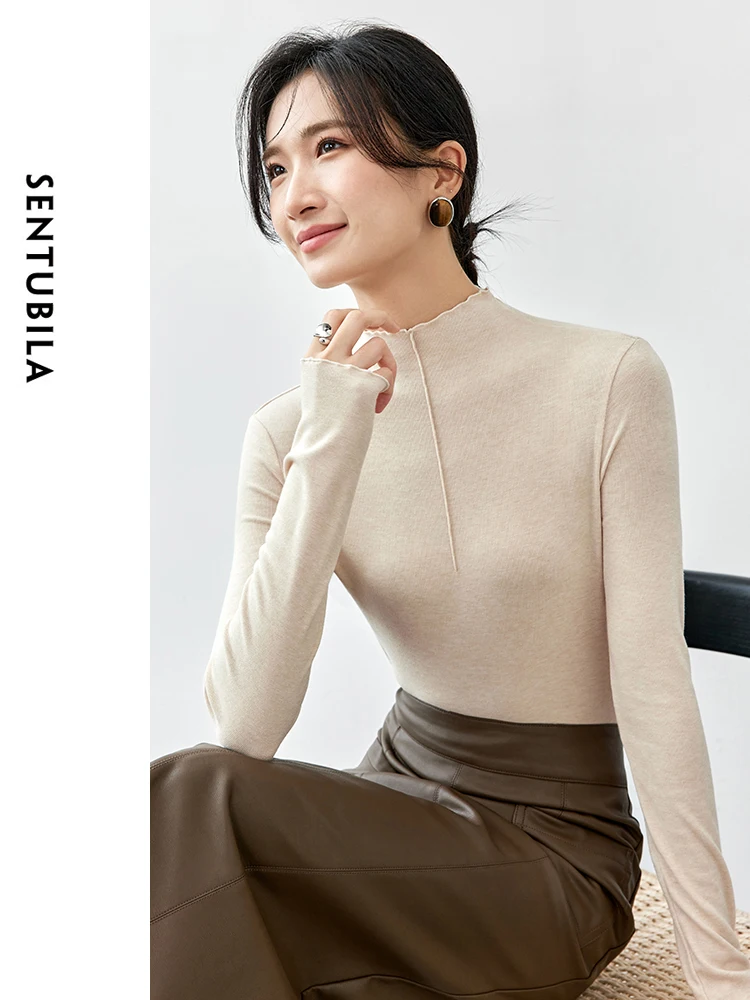 SENTUBILA Slim-fit Knitted T-shirt Women\'s 2024 Autumn Wave Half High Collar Long Sleeve Basic Comfort Women Tees 143S56756