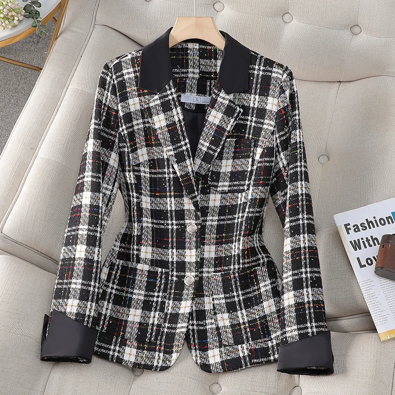 Luxury Ladies Black and White Plaid Fashion Small Fragrance Tweed Commuter Short Suit Women\'s High Strecth Blazers