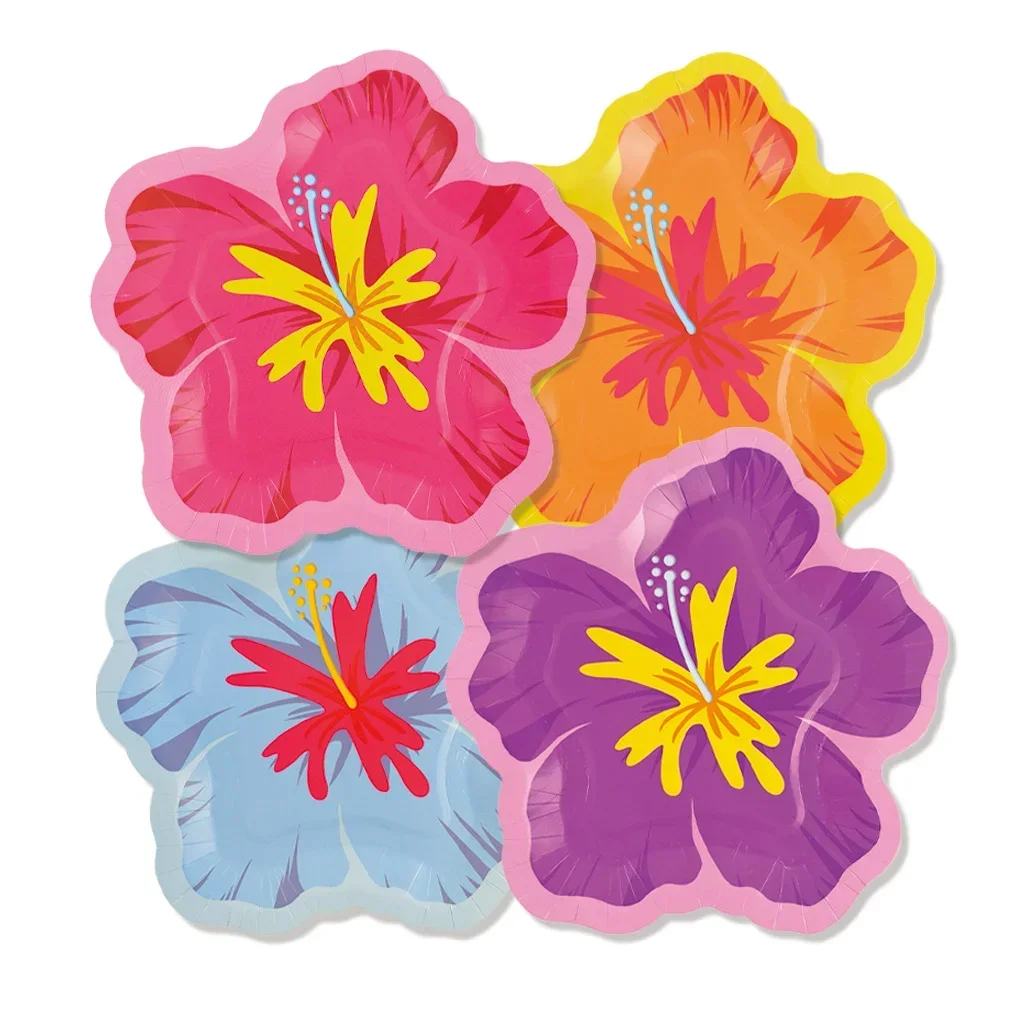 Hibiskusblütenförmige Pappteller, hawaiianische Luau-Partyartikel, tropisches Partygeschirr, Einweg-Dessertgeschirr für Sommergeburtstage – Detail 2