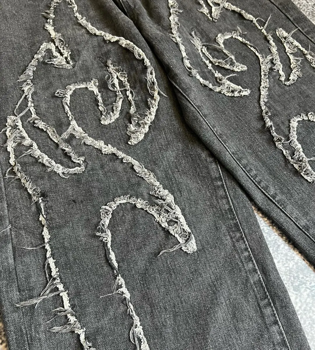High Waisted Y2k Baggy Jeans Women Raw Edge Pattern Hip Hop Punk Denim Trousers Slouchy Retro Straight Wide Leg Pants Streetwear