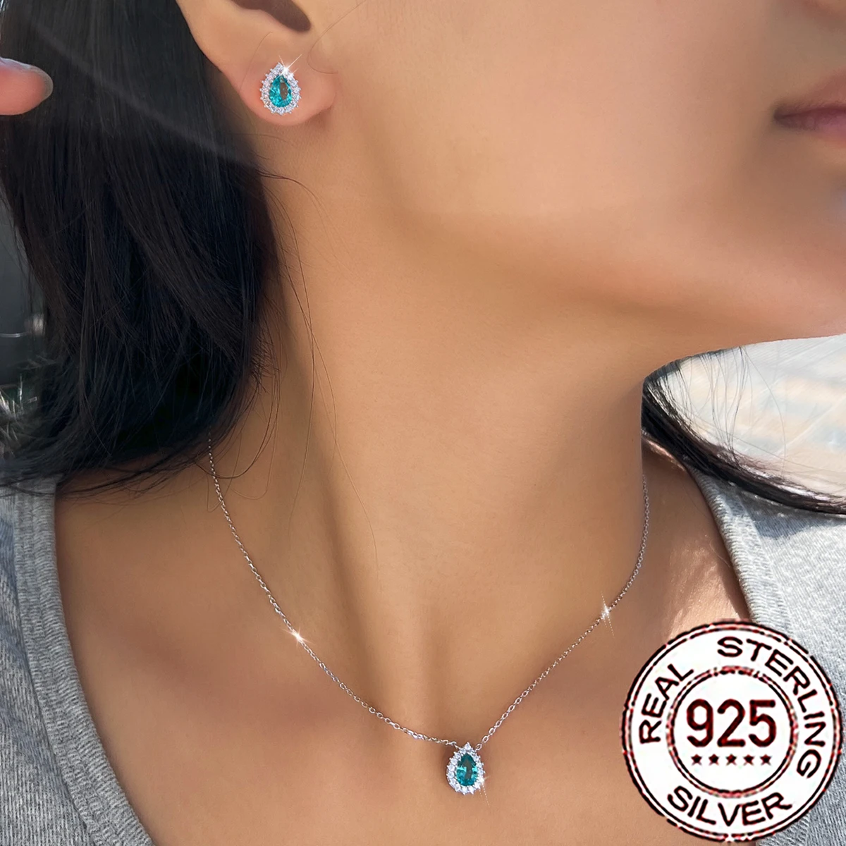 QooLady 925 Silber Luxus Grüner Paraiba-Edelstein und CZ Anhänger Halskette Ohrring-Sets für Damen Hochzeit Party Edelschmuck ST056 – Detail 2