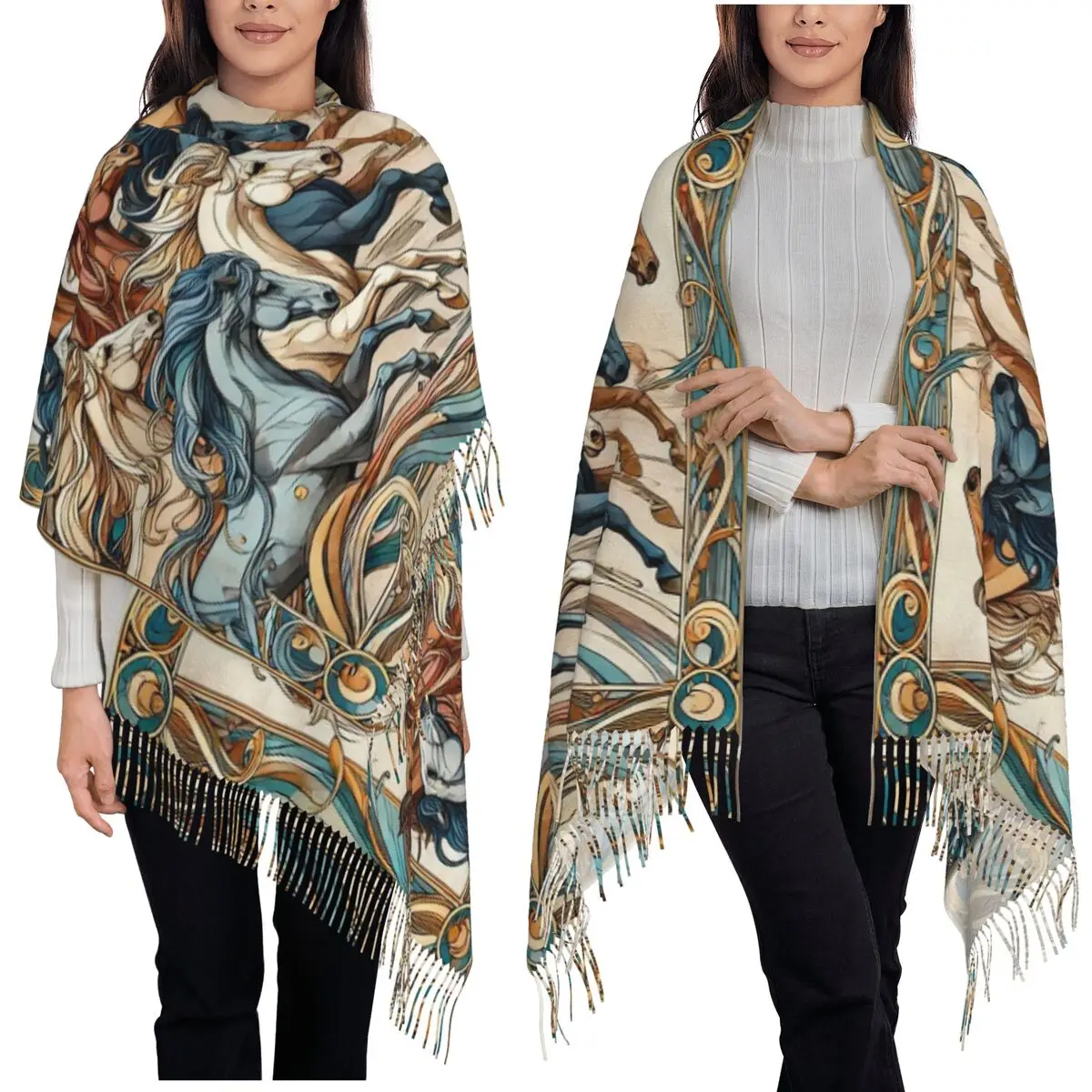 

Шарф с рисунком лошади, шарфы с кисточками для женщин, мягкие теплые шали и накидки, длинная осенне-зимняя шаль