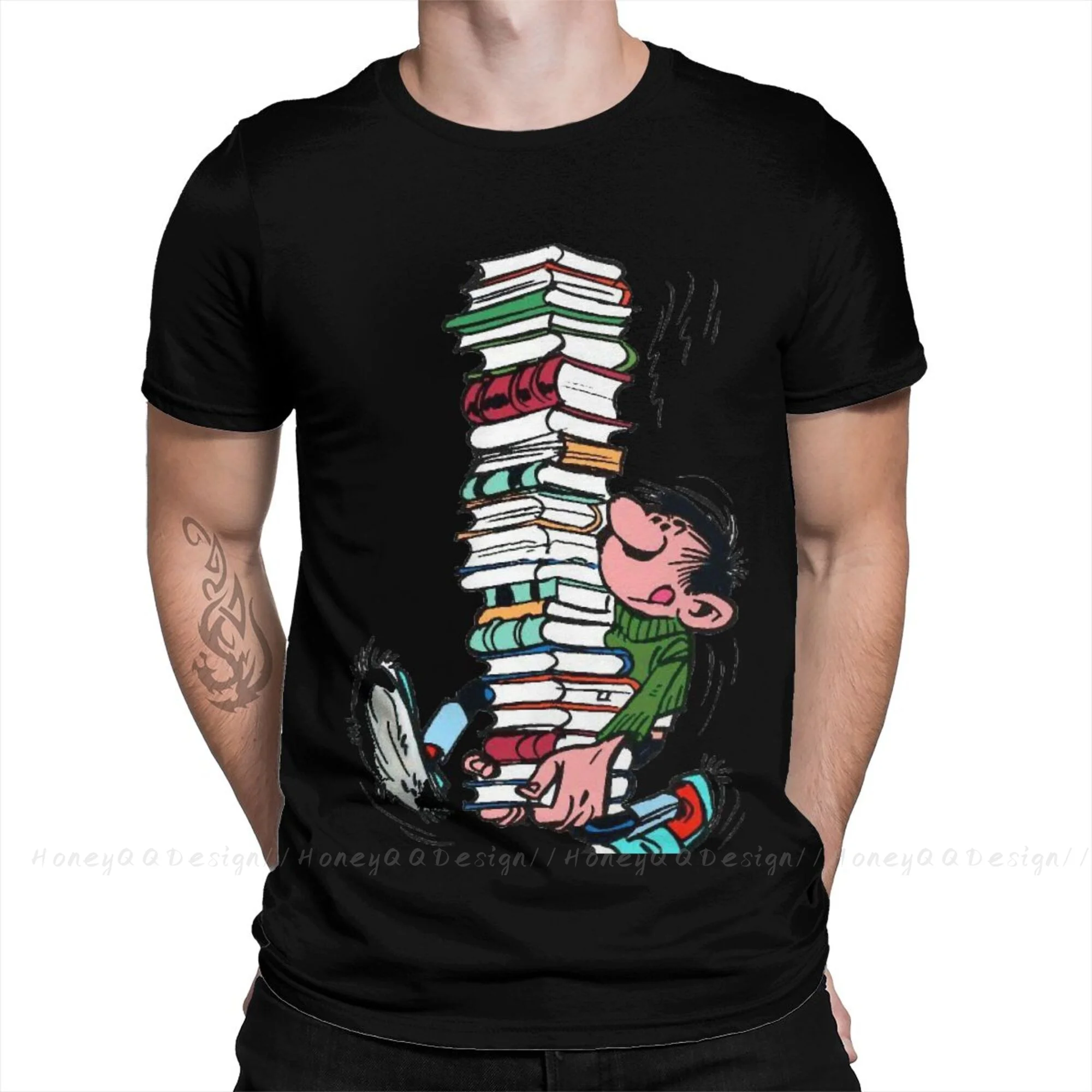 Men Gaston Lagaffe Anime TShirt Funny Reading Pure Cotton Tees Harajuku Short Sumer Sleeve Adult Shirt Gift