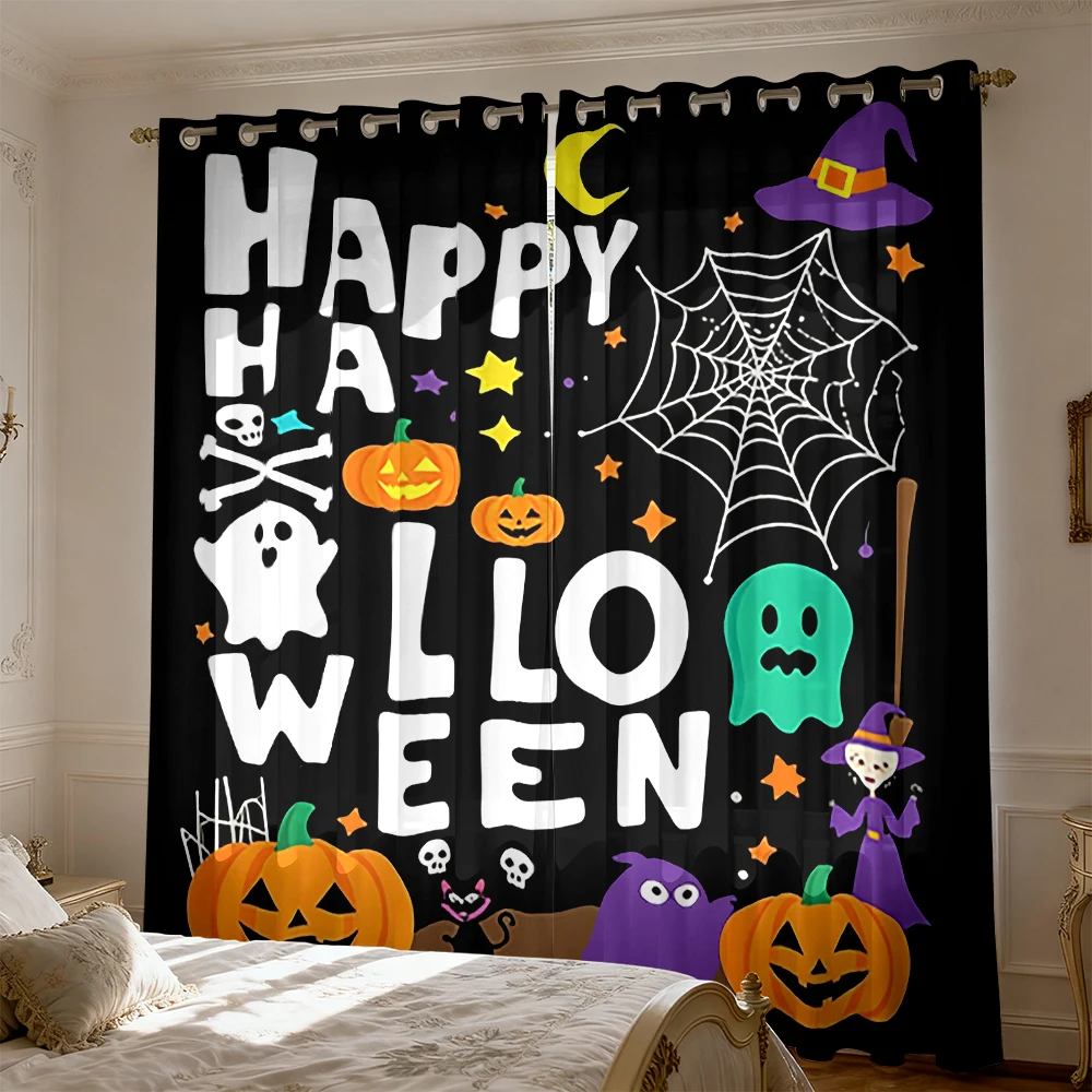 2pcs 90-gram polyester curtains HAPPY HALLOWEEN Halloween-themed pattern, perfect for home decoration.