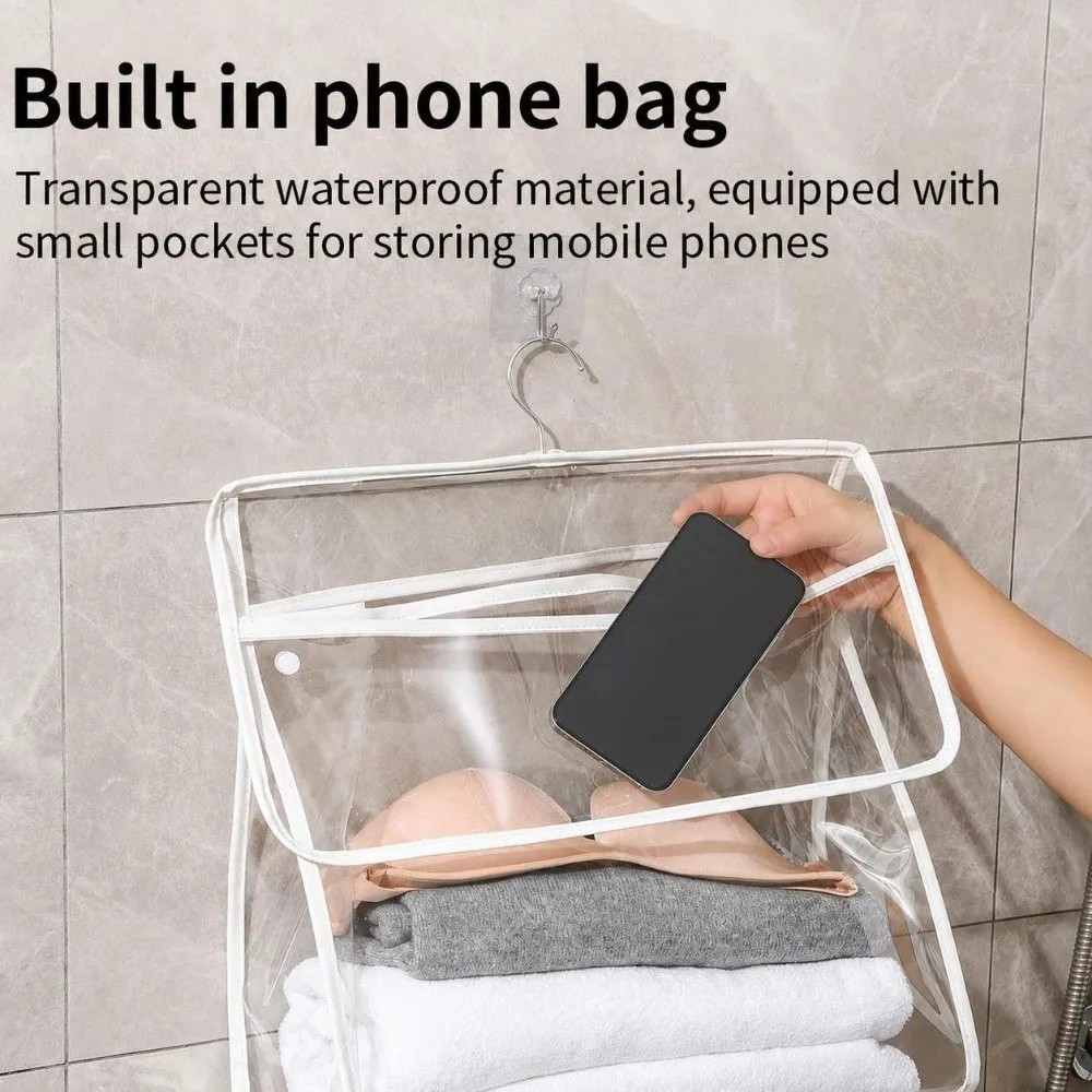 Waterproof Hanging Clothes Bag Touchscreen Phone Pocket Transparent Bathroom Storage Bag Large Capacity Shower Clothes Organizer
