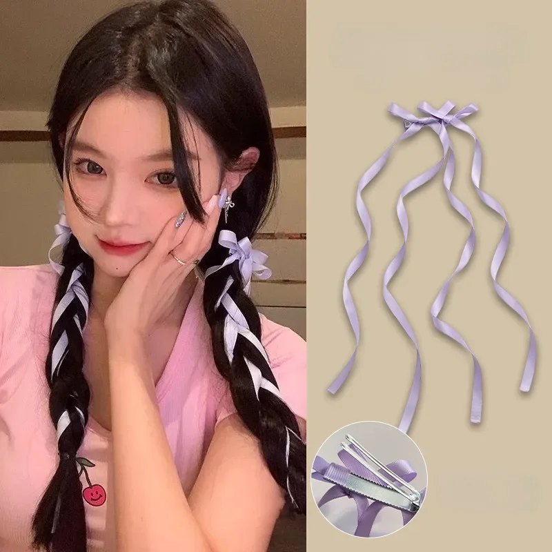 2pcs Braided Bows Hair Clips Ribbons Double Ponytails Ultra Cute Headwear Trendy Fashionable Korean Style Sweet Long Hairpins