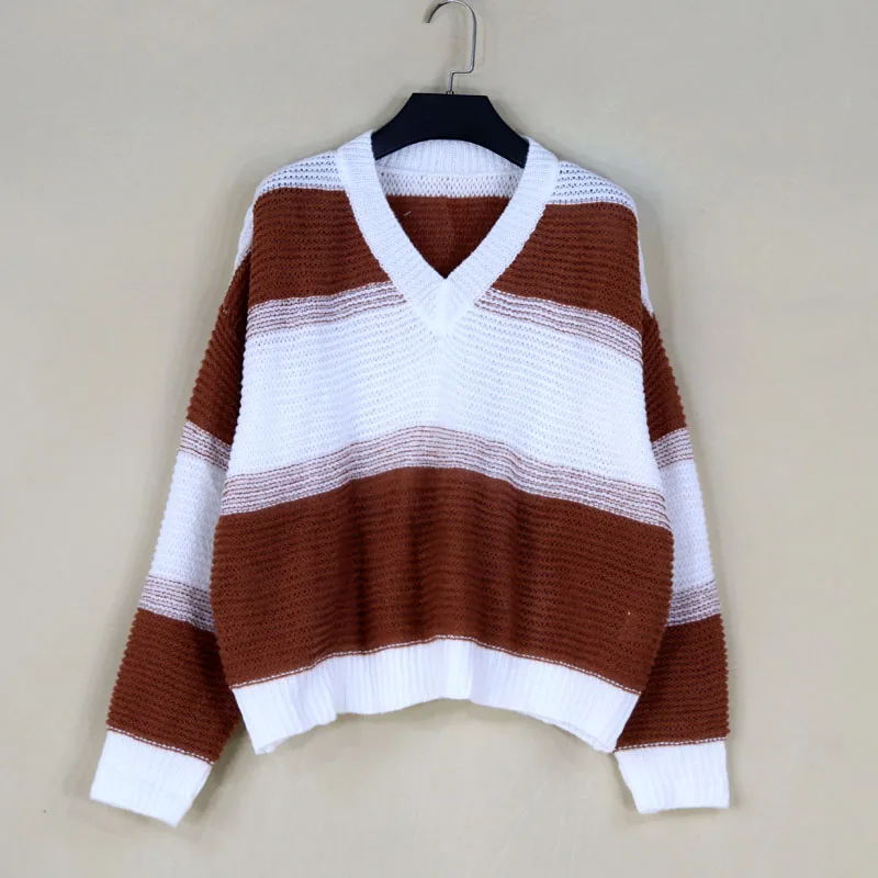 

Loose Knitted V-Ne Long Sve Women's Sweater Autumn Winter Thi Yarn Color Blo Striped Base irt Street Sle Polyest...
