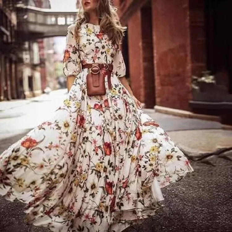 2025 New Fashion Printed Ruffle Long Dress Women Summer Retro Round Neck Belt Dresses For Women Bohemian Vacation Vestido