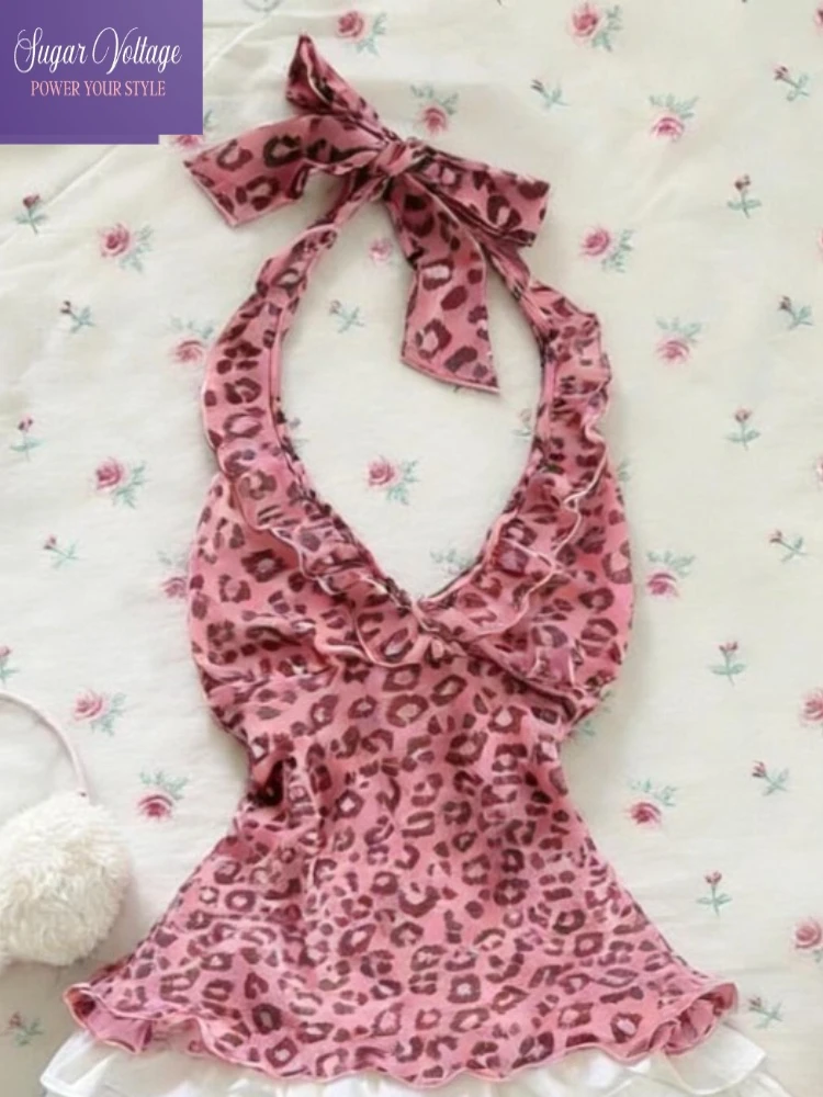 Top Retro Americano Sexy para Mujer, Estampado de Leopardo, Cuello en V, Halter con Cordones, Estilo Japonés Dulce Vintage, Ropa Chic Popular