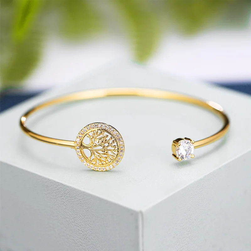 2023 New Trendy Gold Color Zircon Tree of Life Bracelet for Women Charm Crystal Stainless Steel Cuff Bangles Luxury Jewelry Gift