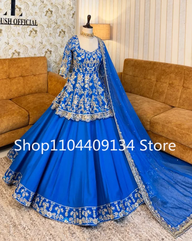 Royal Blue FestiveWear Lehenga Prom Formal dresses With Cape Veil Gillter Applique Lace Indian Evening Gown customsize