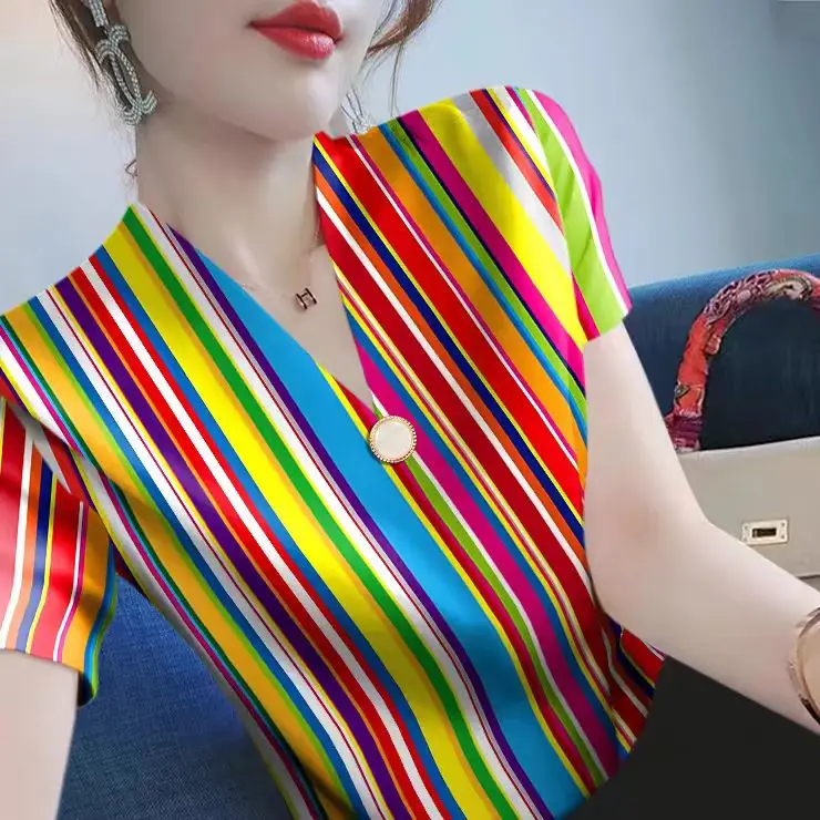 Women\'s Striped V-Neck Short Sleeve T-Shirt Casual Tops Elegant Clothes All-Match Simple Office Lady New Style Fashion Summer