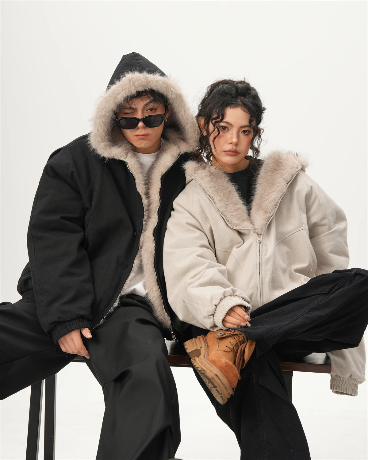 Winter American High Street Men's Fur Collar Black Hooded Cotton Jacket Couple Loose Fleece Thickened White Gray Short Parka