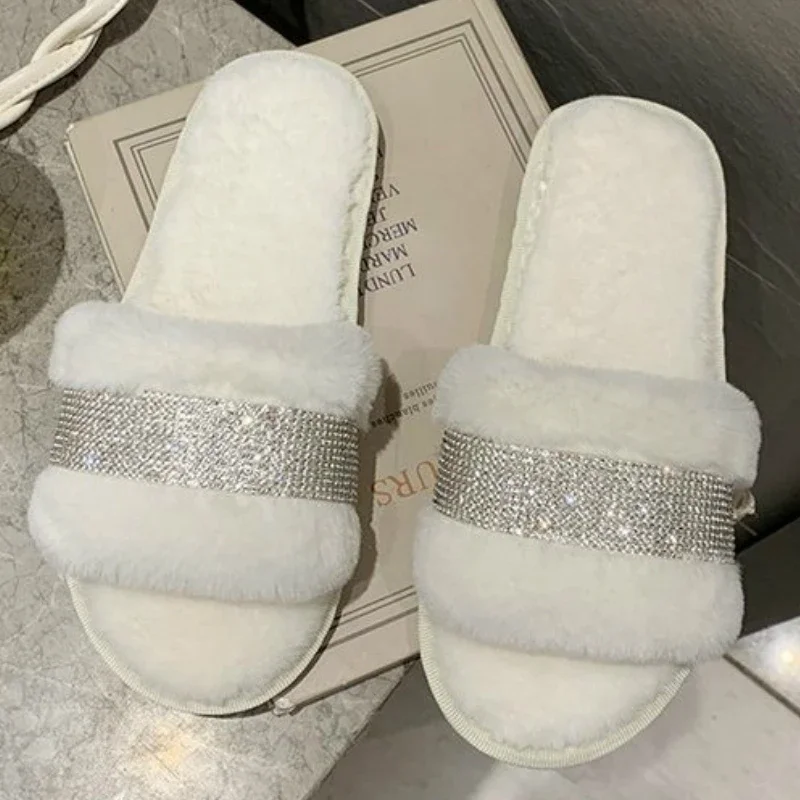 Winter Luxury Rhinestone Women Warm Fur Slippers Cozy Fluffy Furry Slides Crystal Flat Indoor Design Home Shoes Ladies 43