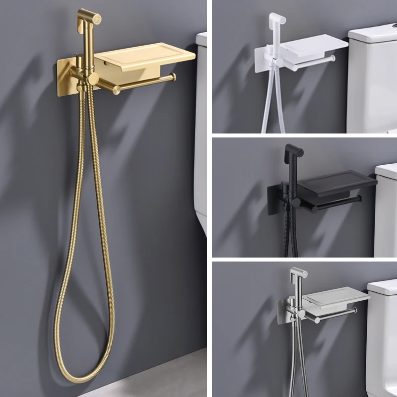 

Brushed Gold Brass Handheld Toilet Bidet Sprayer Bathroom Wall Mounted Sprayer with Stainless Steel Tissue Phone Holder