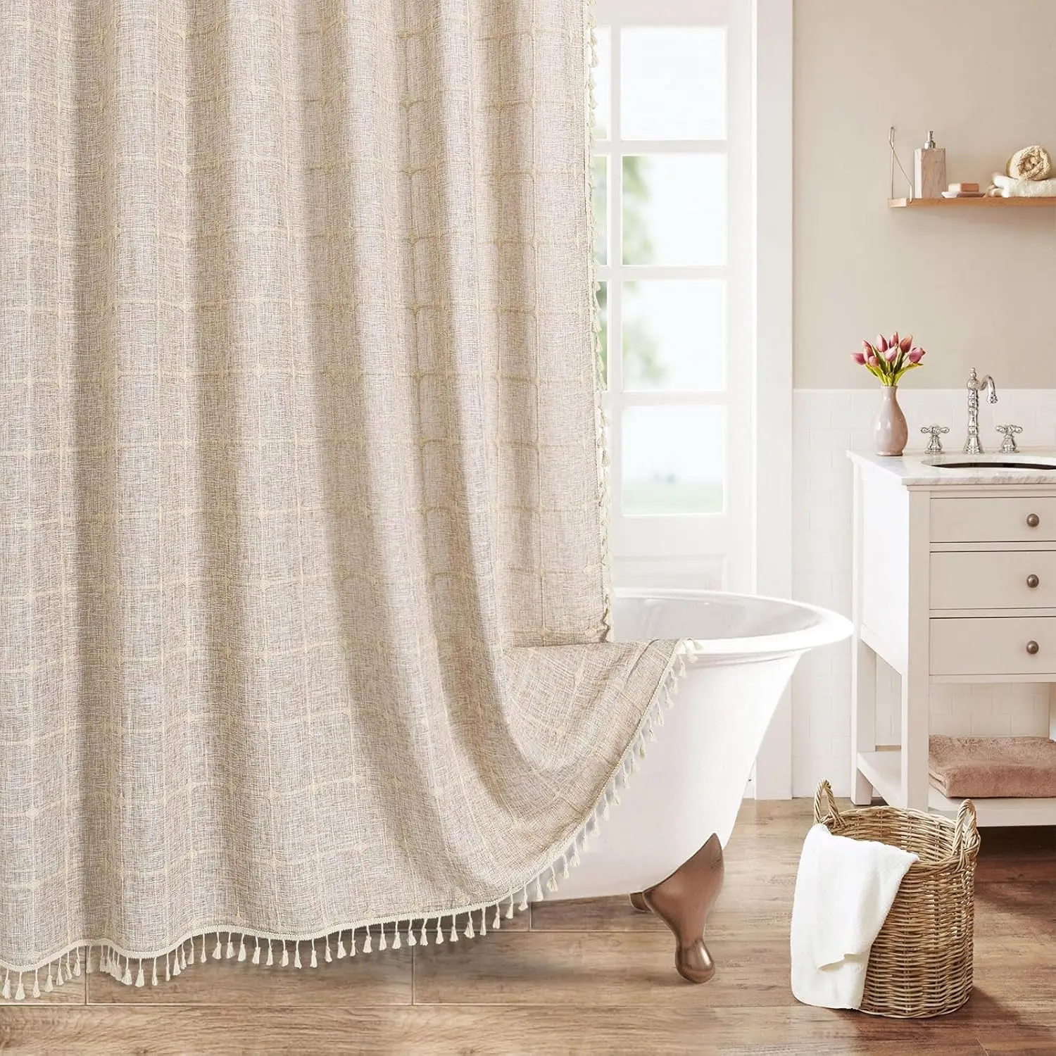 

Boho Farmhouse Shower Curtain Set, Modern Boho Shower Curtains for Bathroom Decor, Tan Brown Polyester Linen Fabric Show