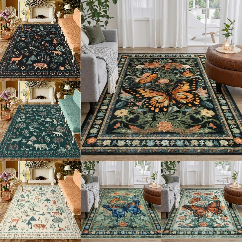 French Retro Butterfly Floral Carpet for Living Room Non-slip Home Decor Rug Bedroom Coffee Table Floor Mat Bedside Area Rugs