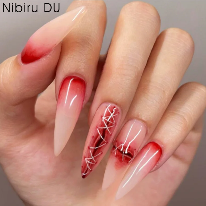 

24Pcs Halloween 3D Gradient blooming Wound Design French False Nails Almond Fake Nails Press on Wearable Simple Ins Nail Tips