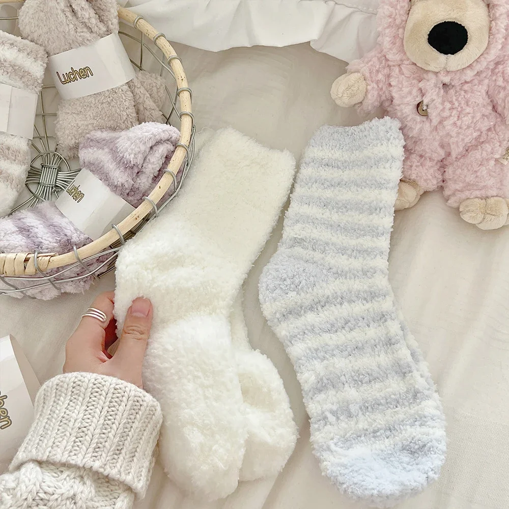 Striped Socks Soft Women Fluffy Socks Thick Coral Velvet Winter Warm Home Indoor Floor Terry Towel Fuzzy Sock Woman Calcetines