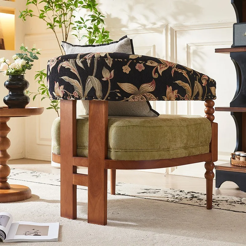 Retro solid wood sofa chair living room fabric armchair small apartment hotel bed and breakfast balcony leisure chair
