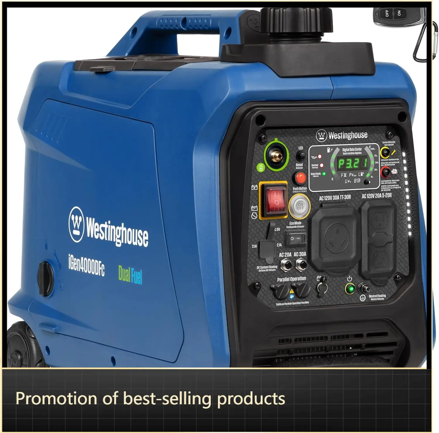 

Super Quiet Dual Fuel Portable Inverter Generator 4000 Peak Watt Remote Electric Start Gas Propane Powered RV Ready CO Sensor Pa