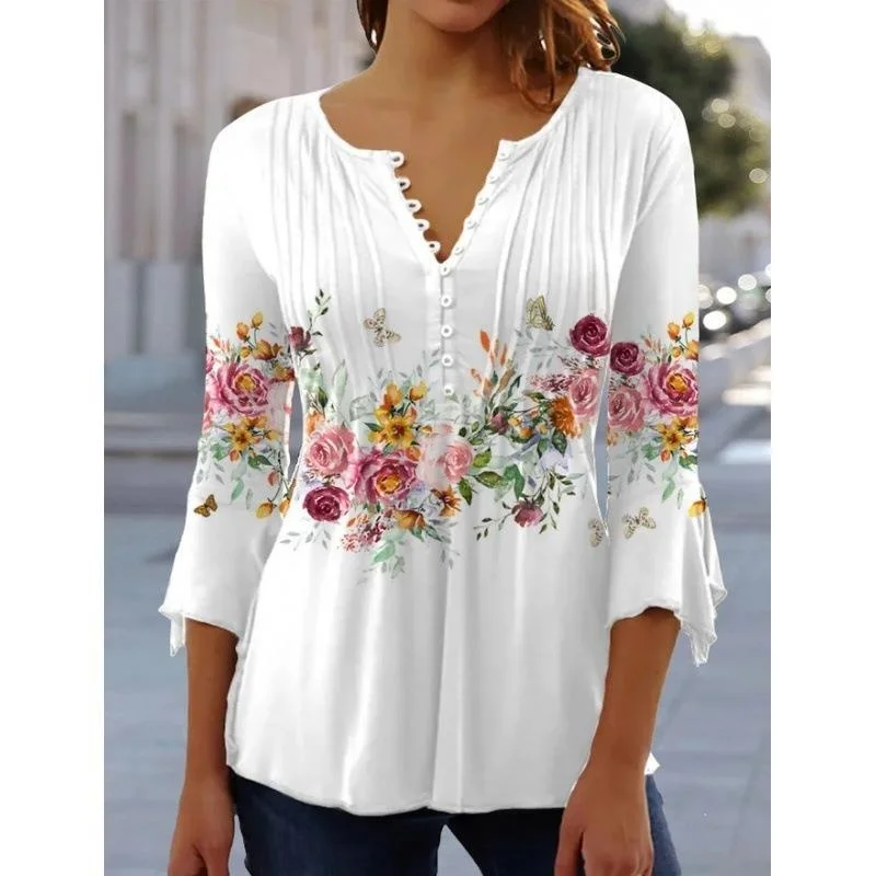 

Women's Floral Print Collar ort Sve Pleated T-irt 3D Sle Regular Sve Length Polyester Fiber 00% Spring Season