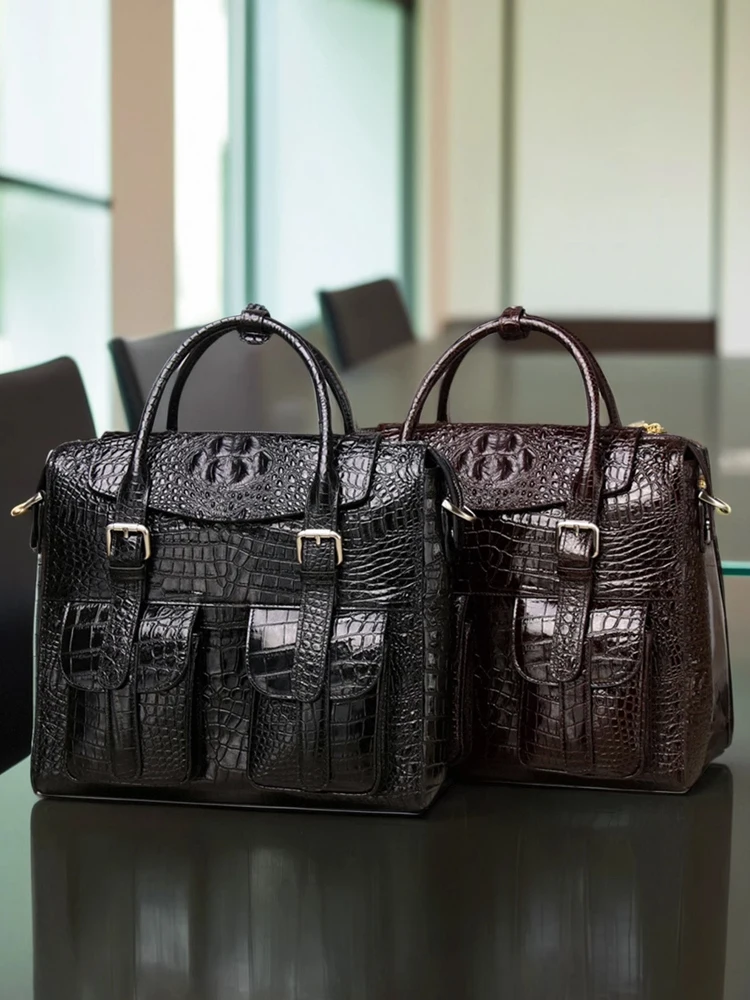 

Luxury Leather Handbag Single oulder Bag External ket Crocodile Pattern Large Capaci Men's Crossbody Busin Bag