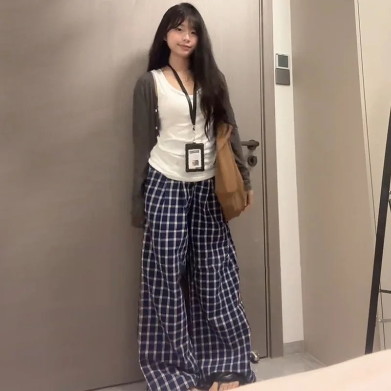 Checkered Pants Women Summer New High Waist Loose Casual Trousers Lazy Style Flowy Design